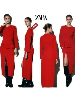 Zara red long sleeve draped ruched front midi dress Sz M NWT